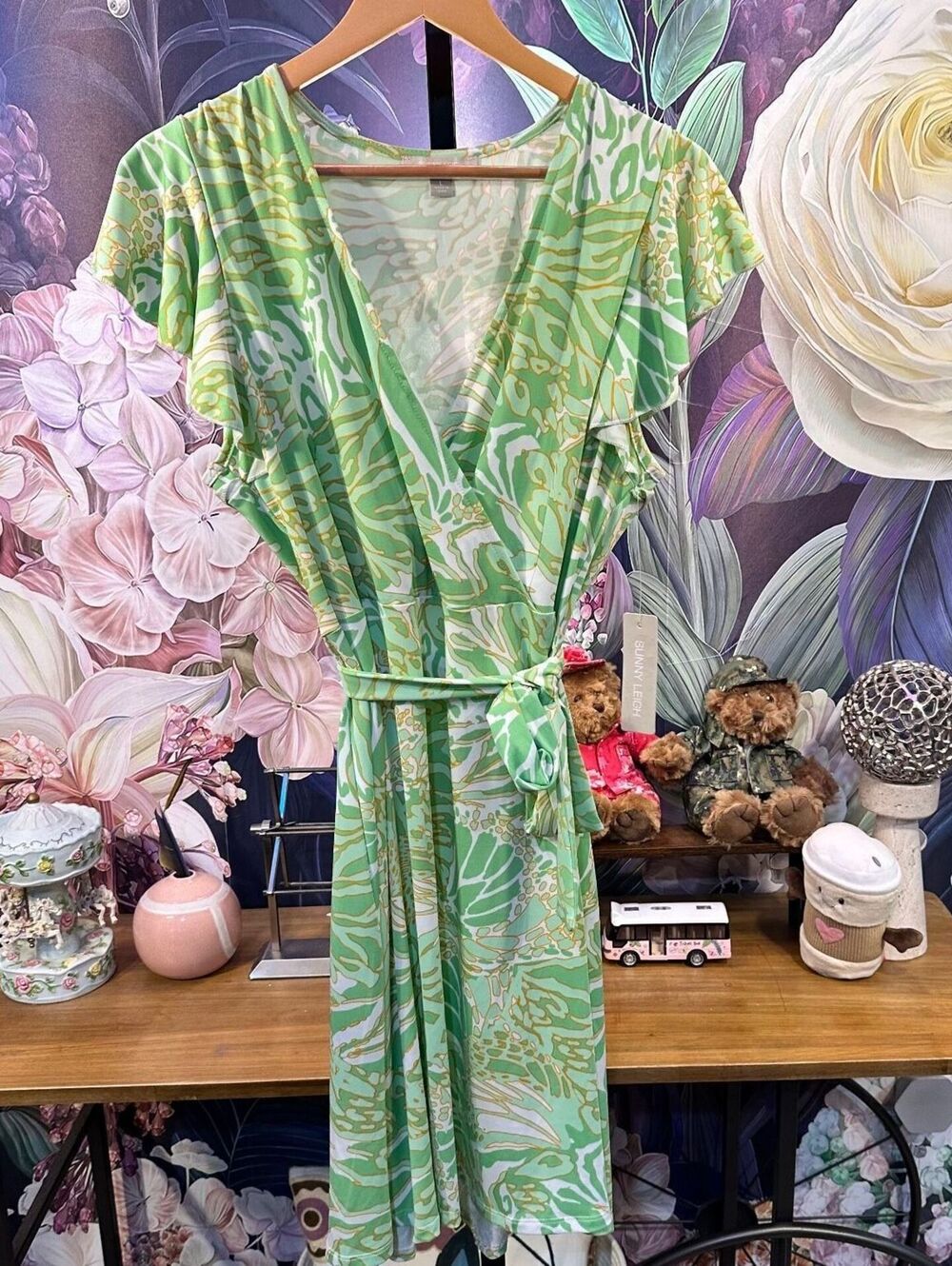 Sunny Leigh Size L Belted Flutter Sleeve Midi Dress Jessa Mint Resort Tropical